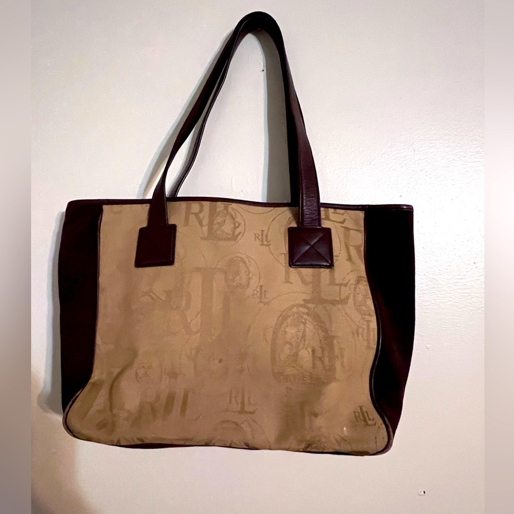 Ralph Lauren Canvas & Leather Tote Bag | RL Monogram Logo | Brown Tan